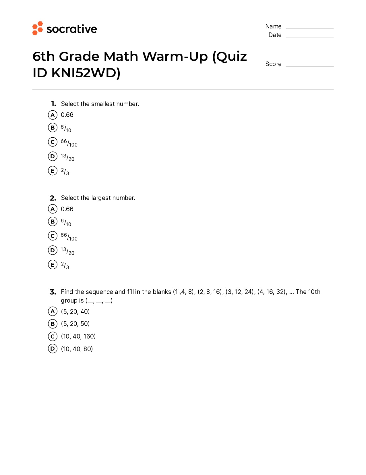 6Th Grade Math Warm-Up
