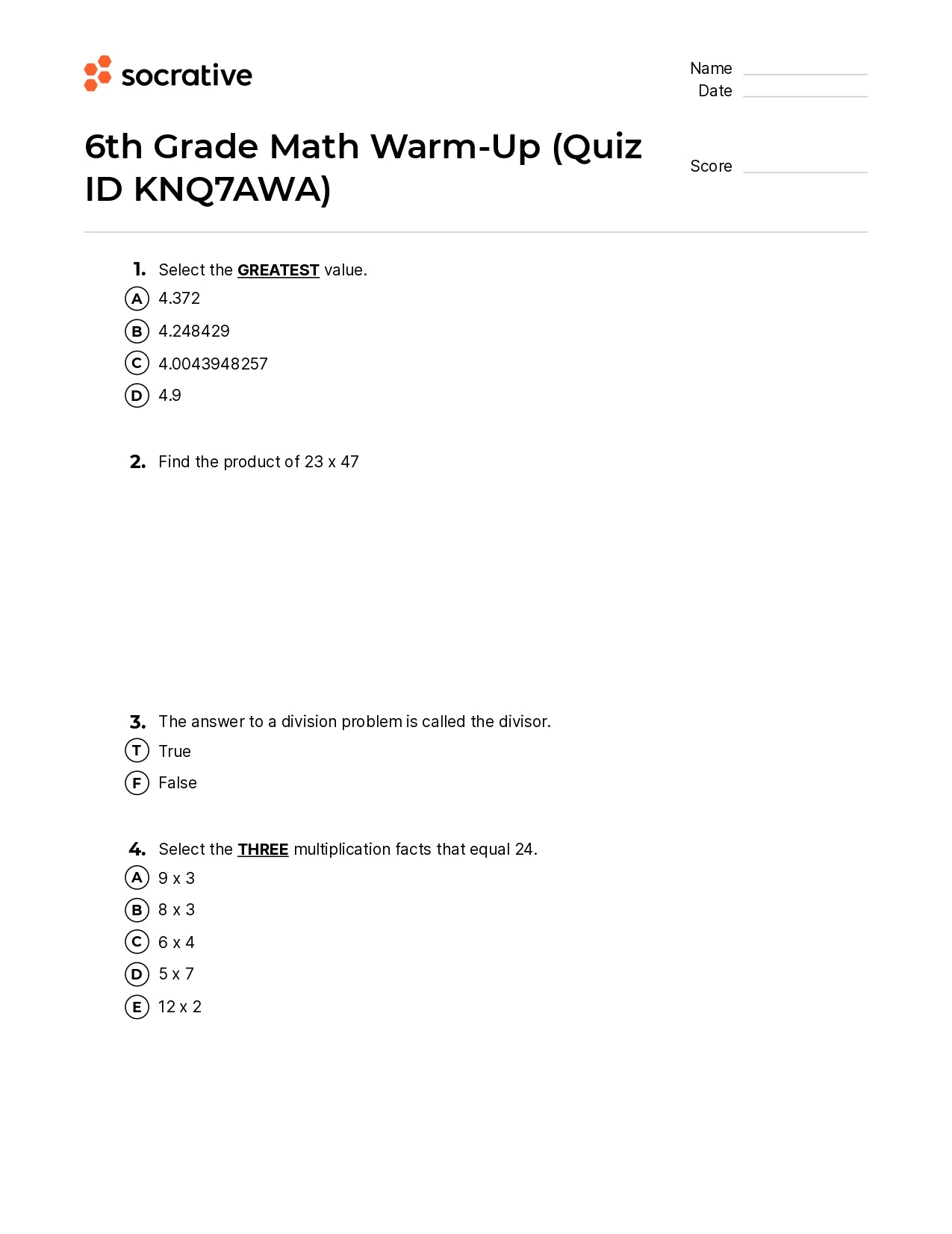 6Th Grade Math Warm-Up