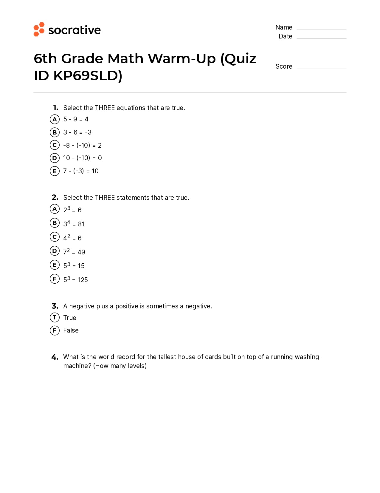6Th Grade Math Warm-Up