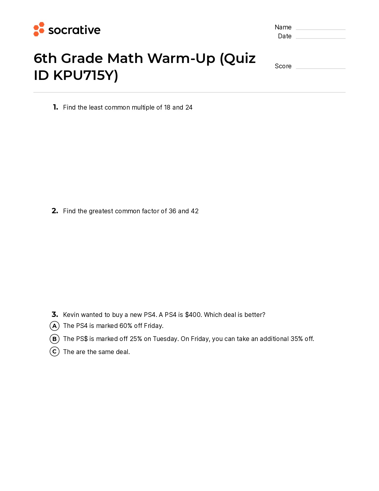 6Th Grade Math Warm-Up