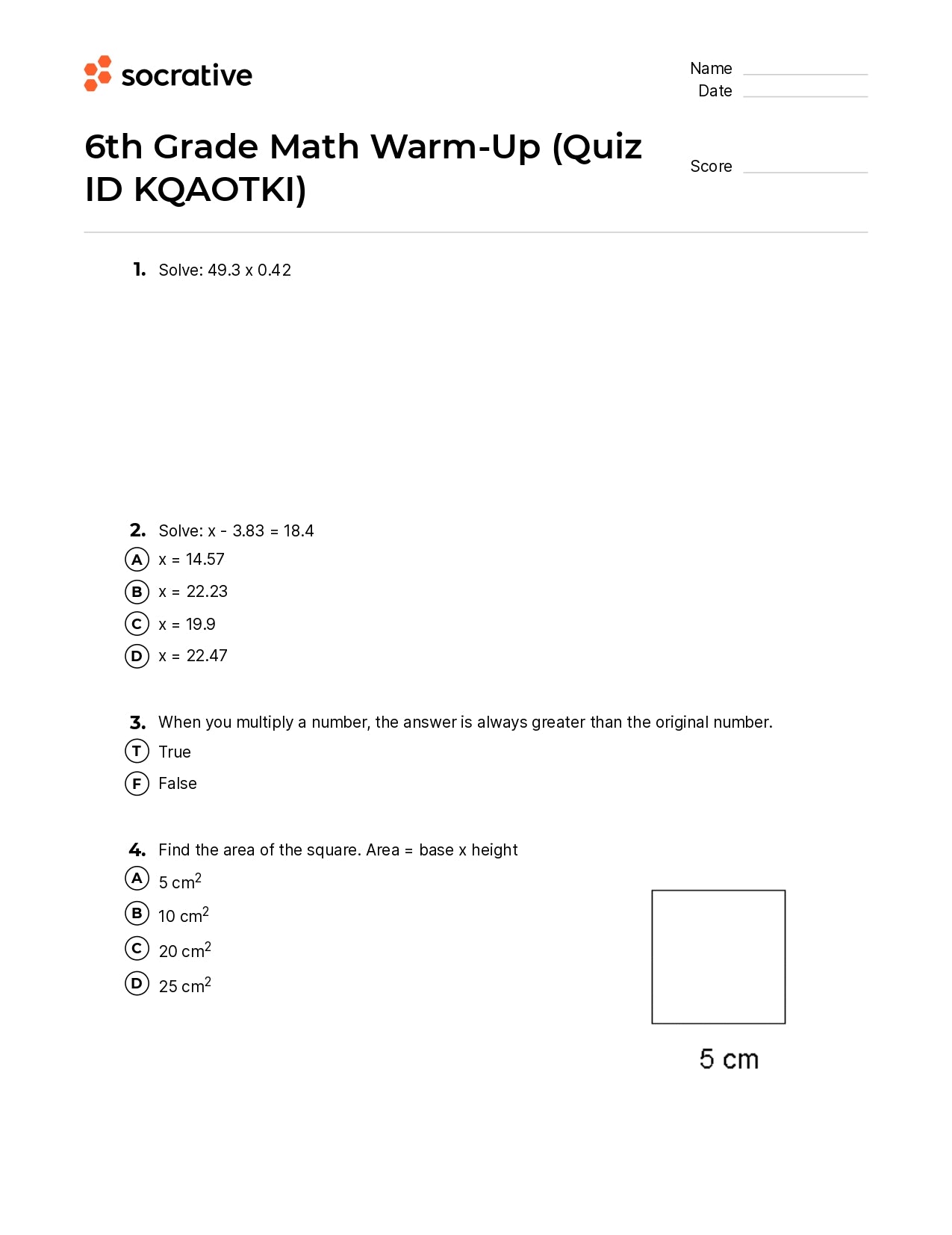 6Th Grade Math Warm-Up