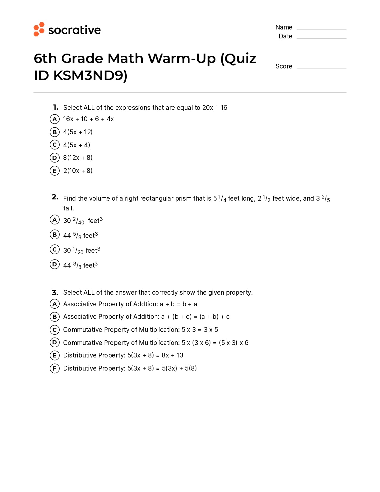 6Th Grade Math Warm-Up