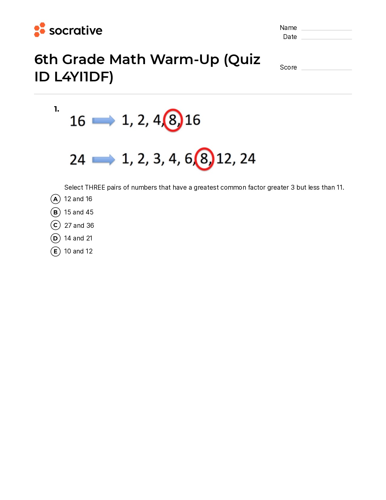 6Th Grade Math Warm-Up