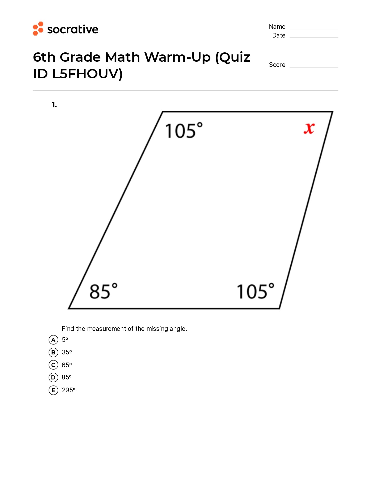 6Th Grade Math Warm-Up