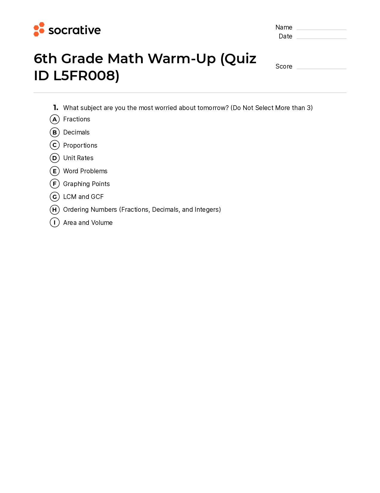 6Th Grade Math Warm-Up