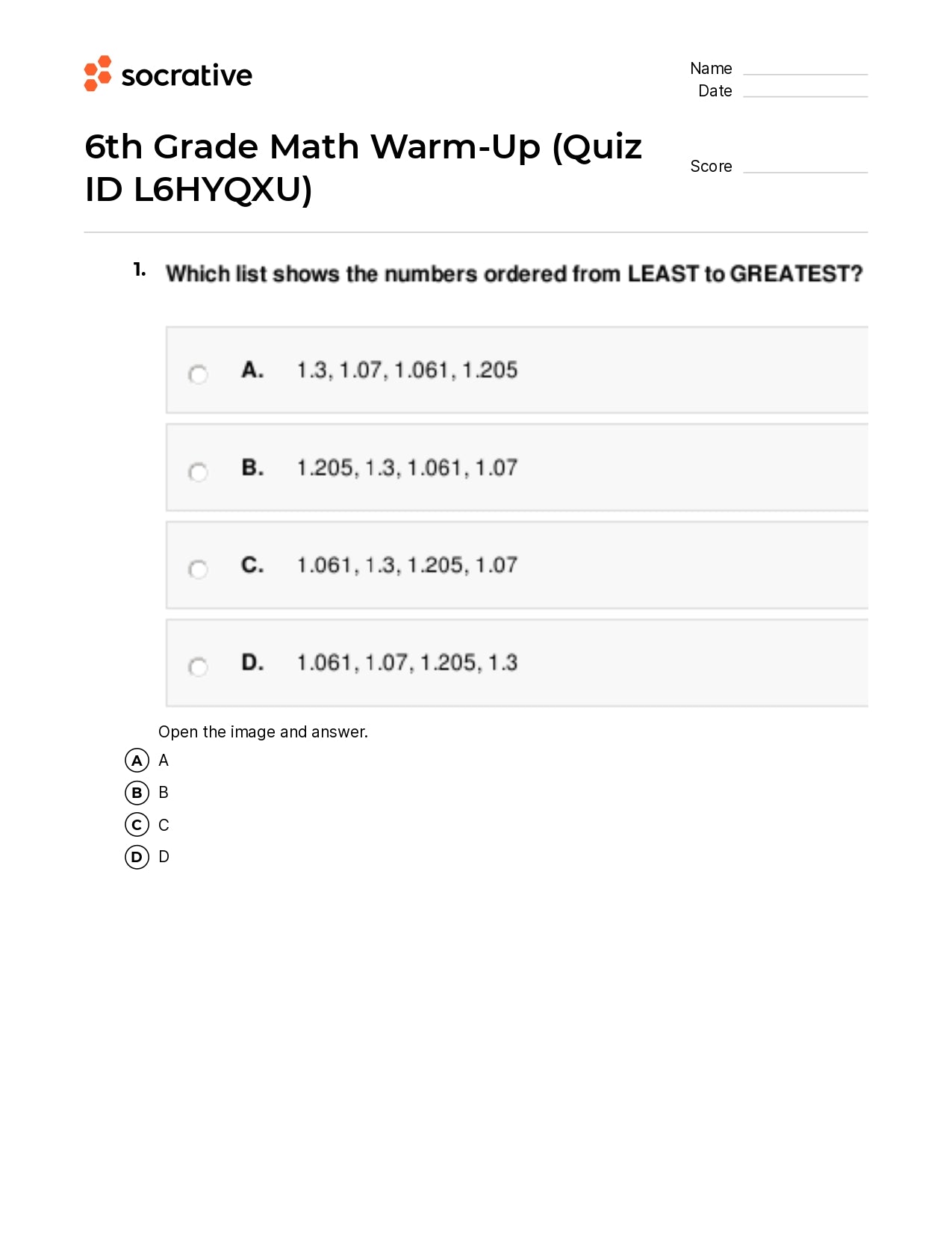 6Th Grade Math Warm-Up