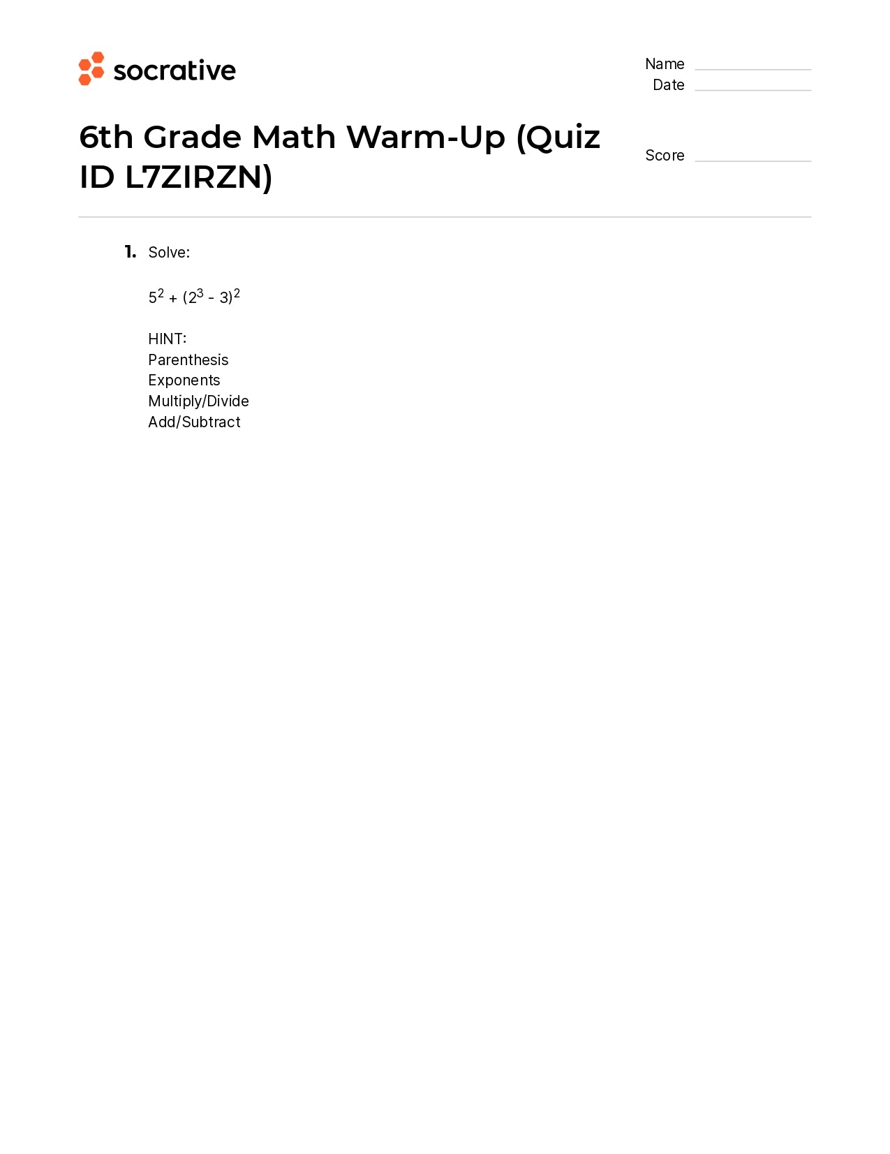 6Th Grade Math Warm-Up