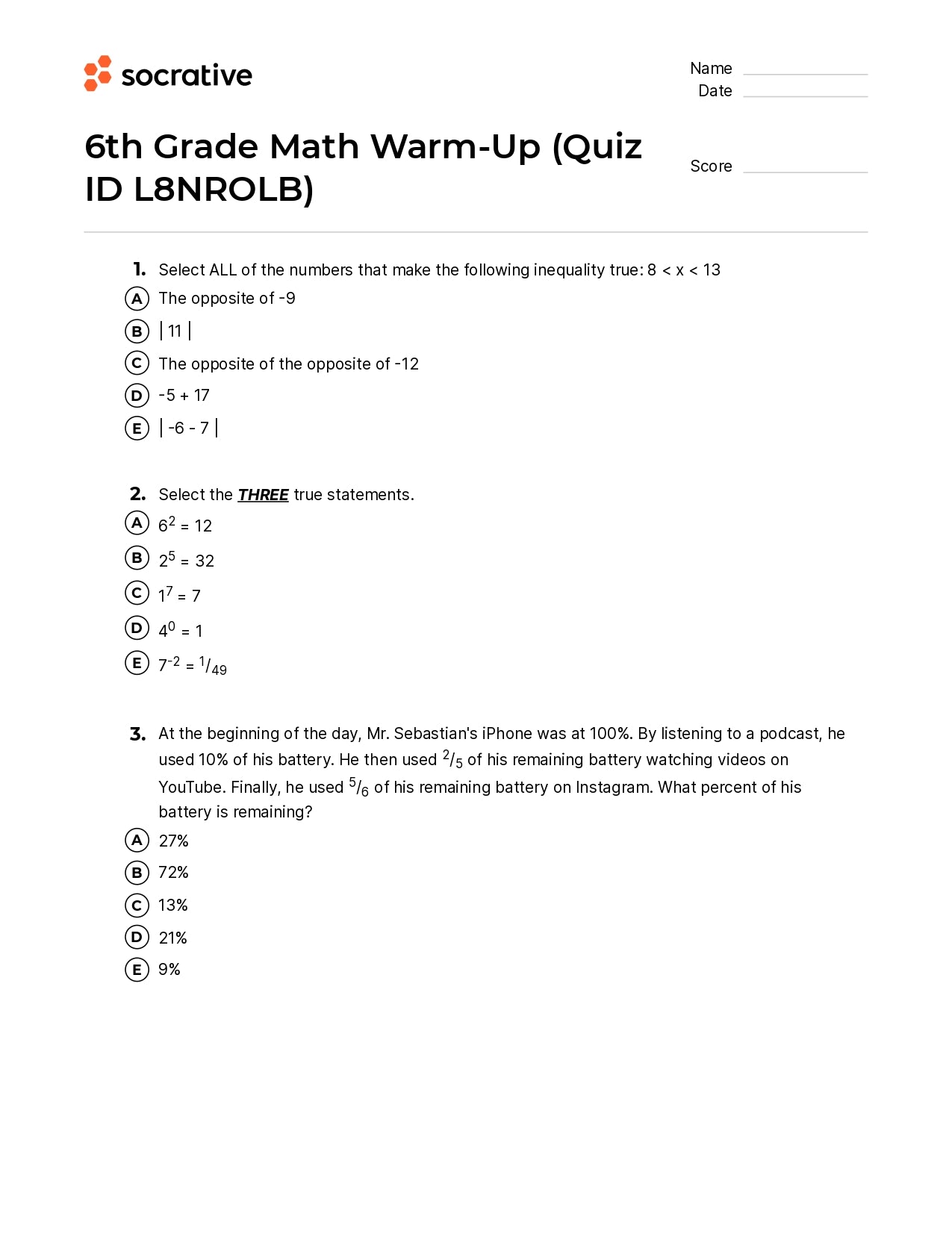 6Th Grade Math Warm-Up