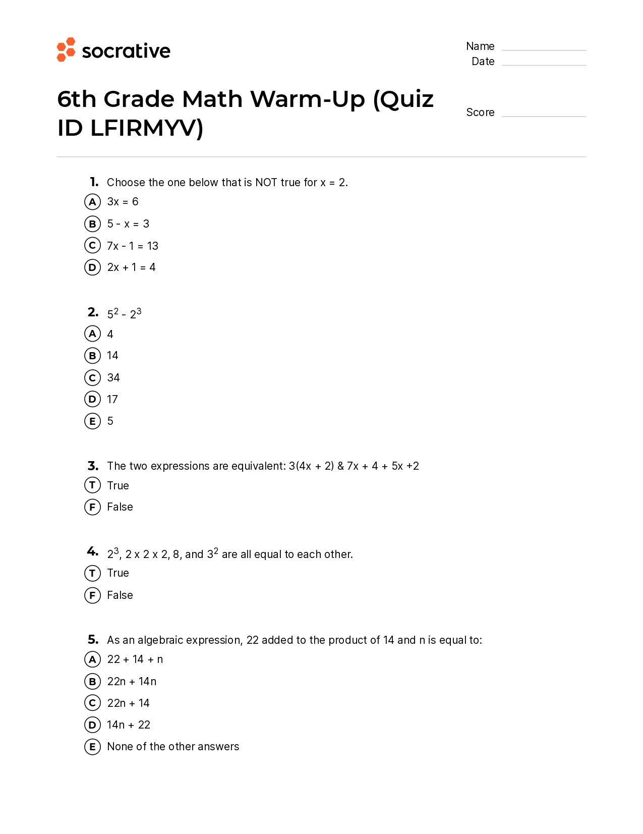 6Th Grade Math Warm-Up