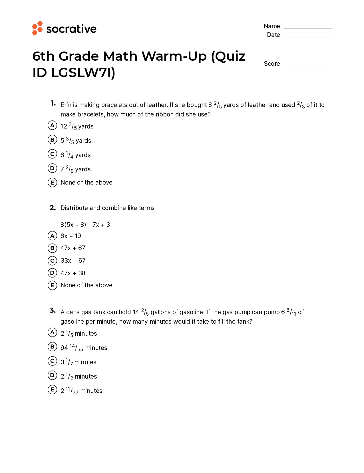 6Th Grade Math Warm-Up