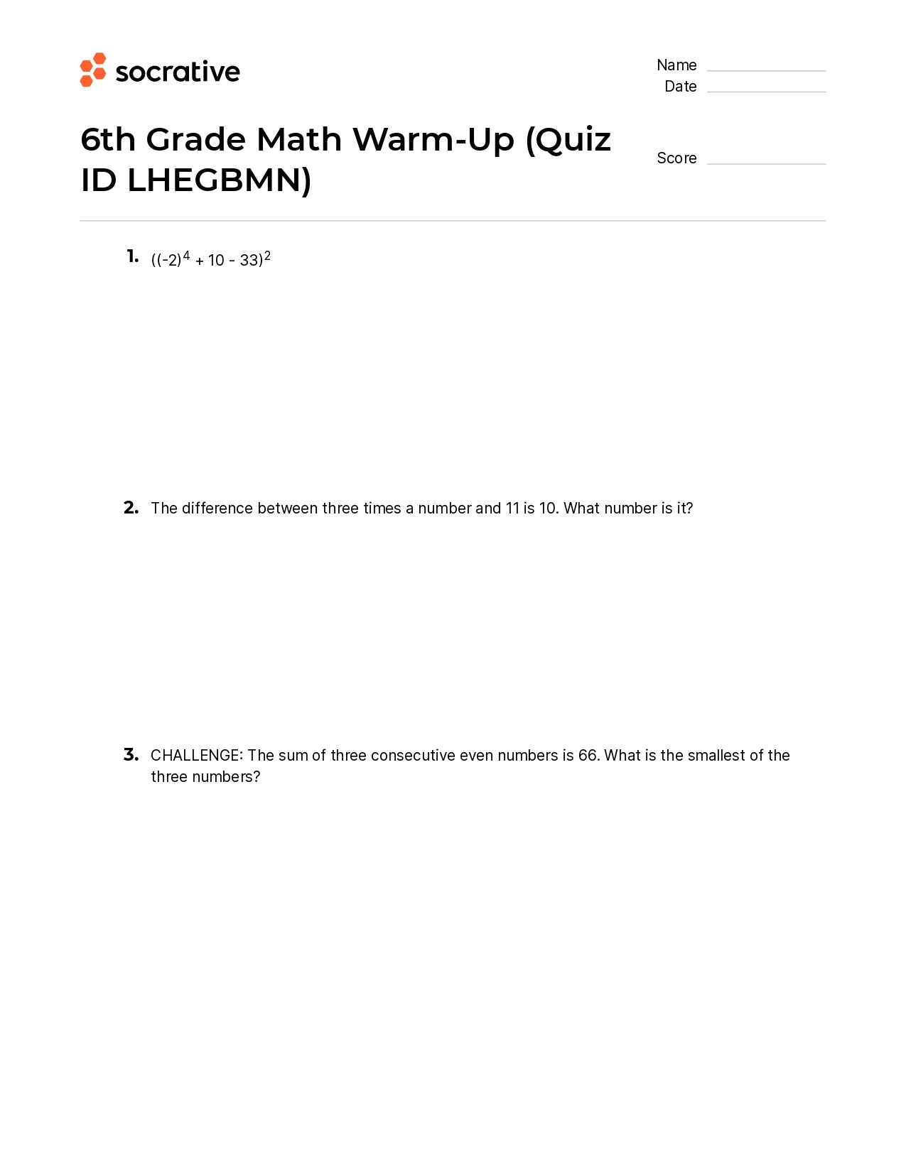 6Th Grade Math Warm-Up