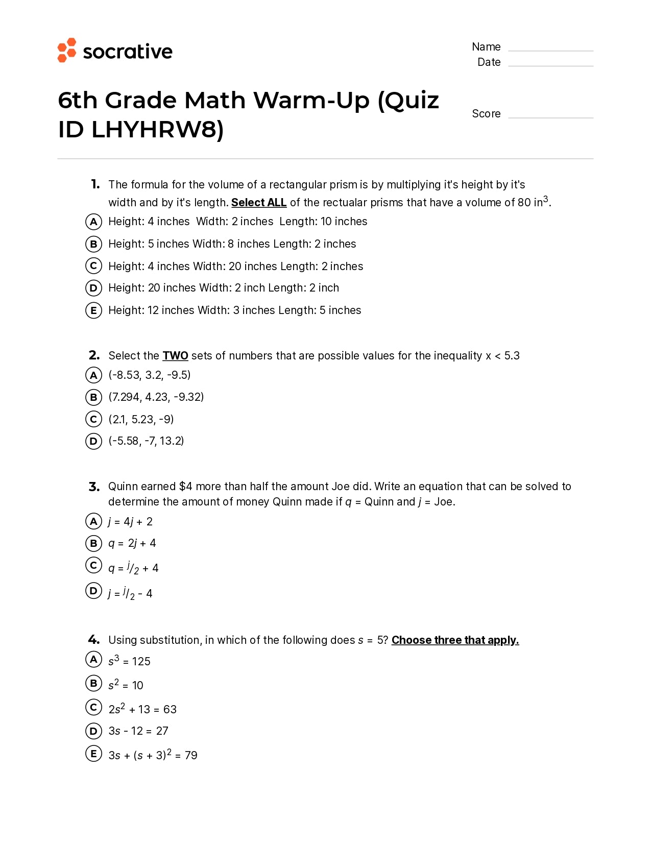 6Th Grade Math Warm-Up