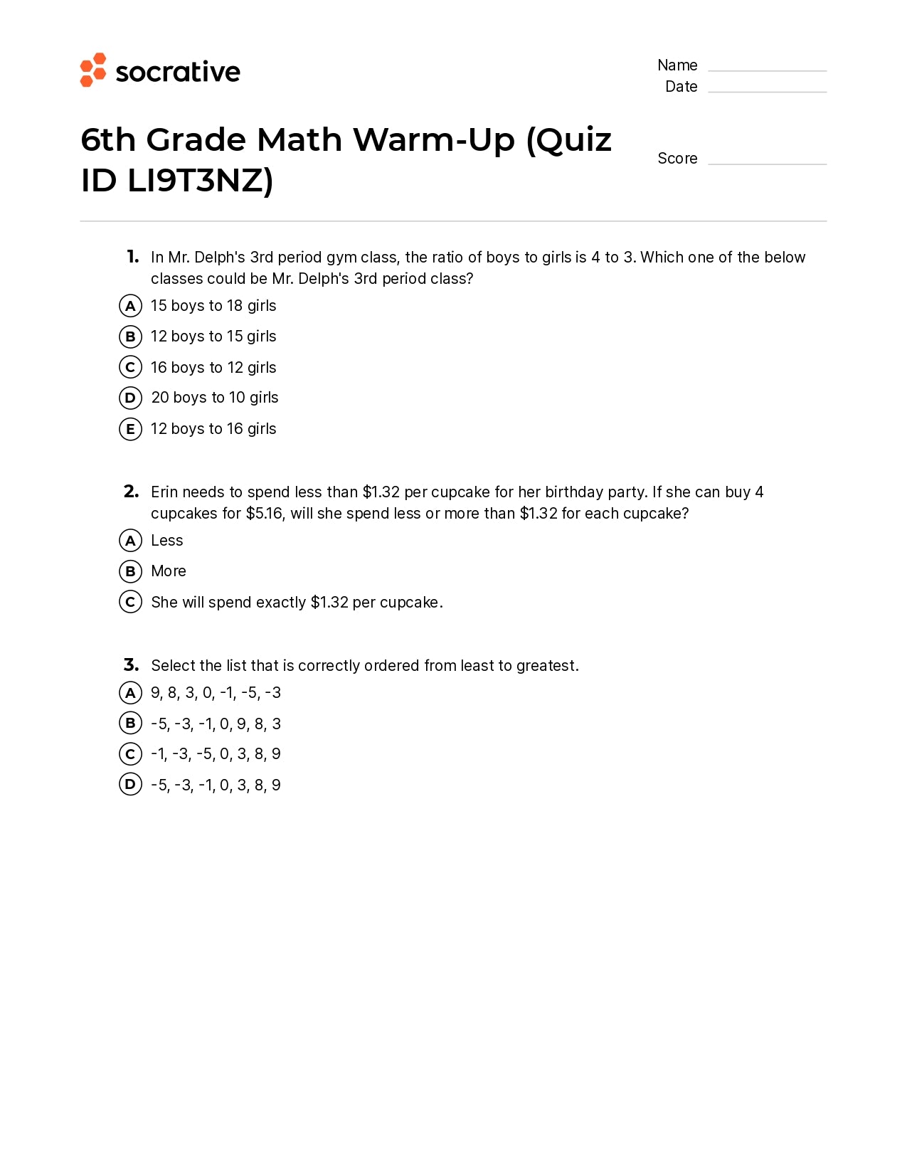 6Th Grade Math Warm-Up