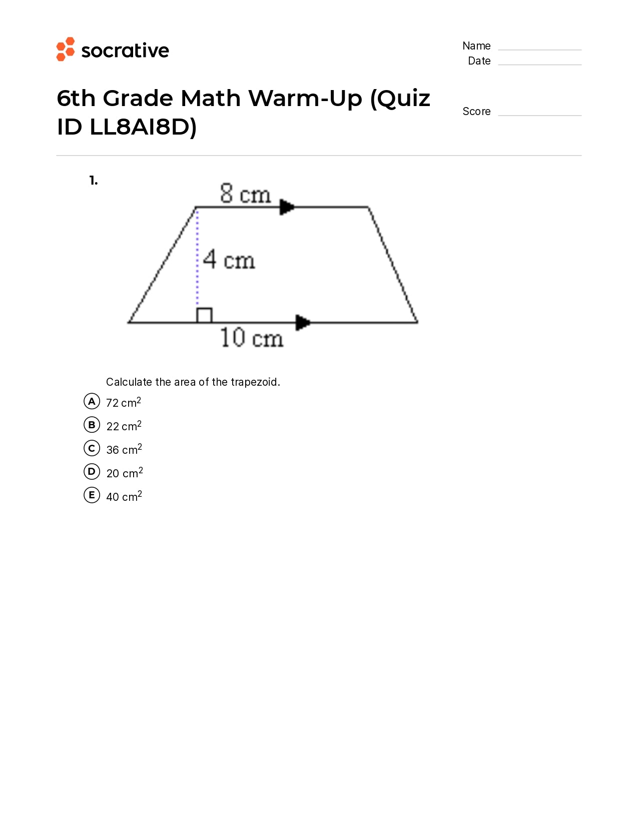 6Th Grade Math Warm-Up
