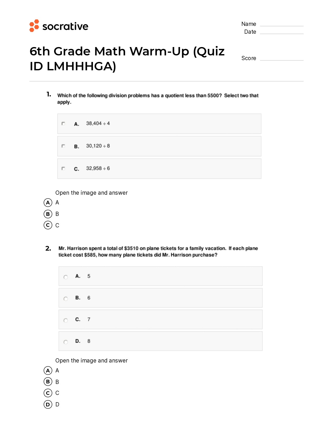 6Th Grade Math Warm-Up
