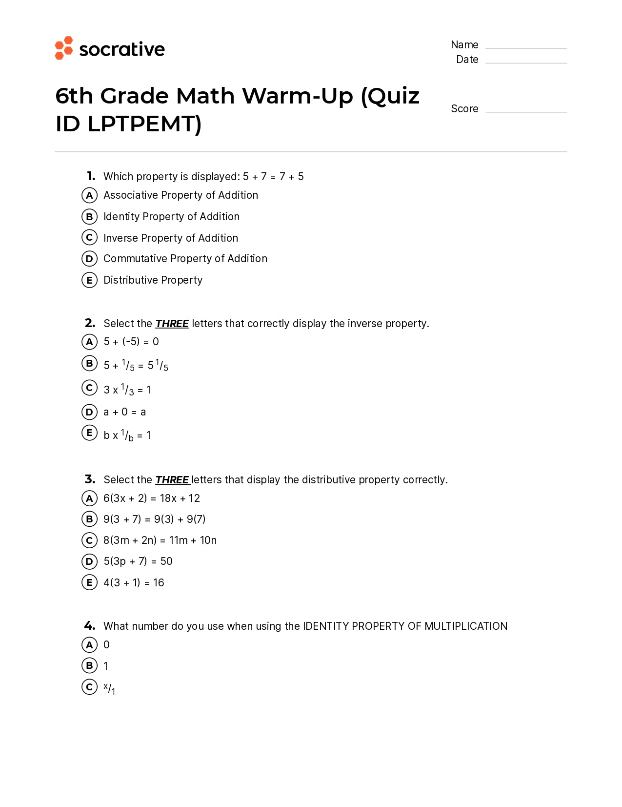6Th Grade Math Warm-Up