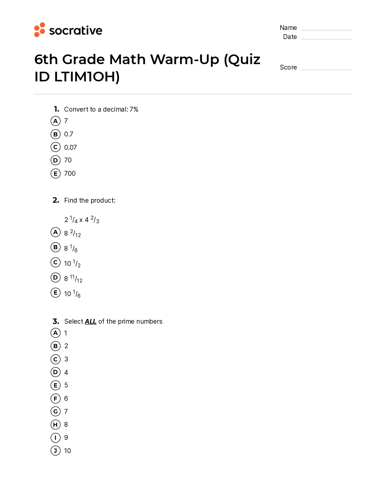 6Th Grade Math Warm-Up