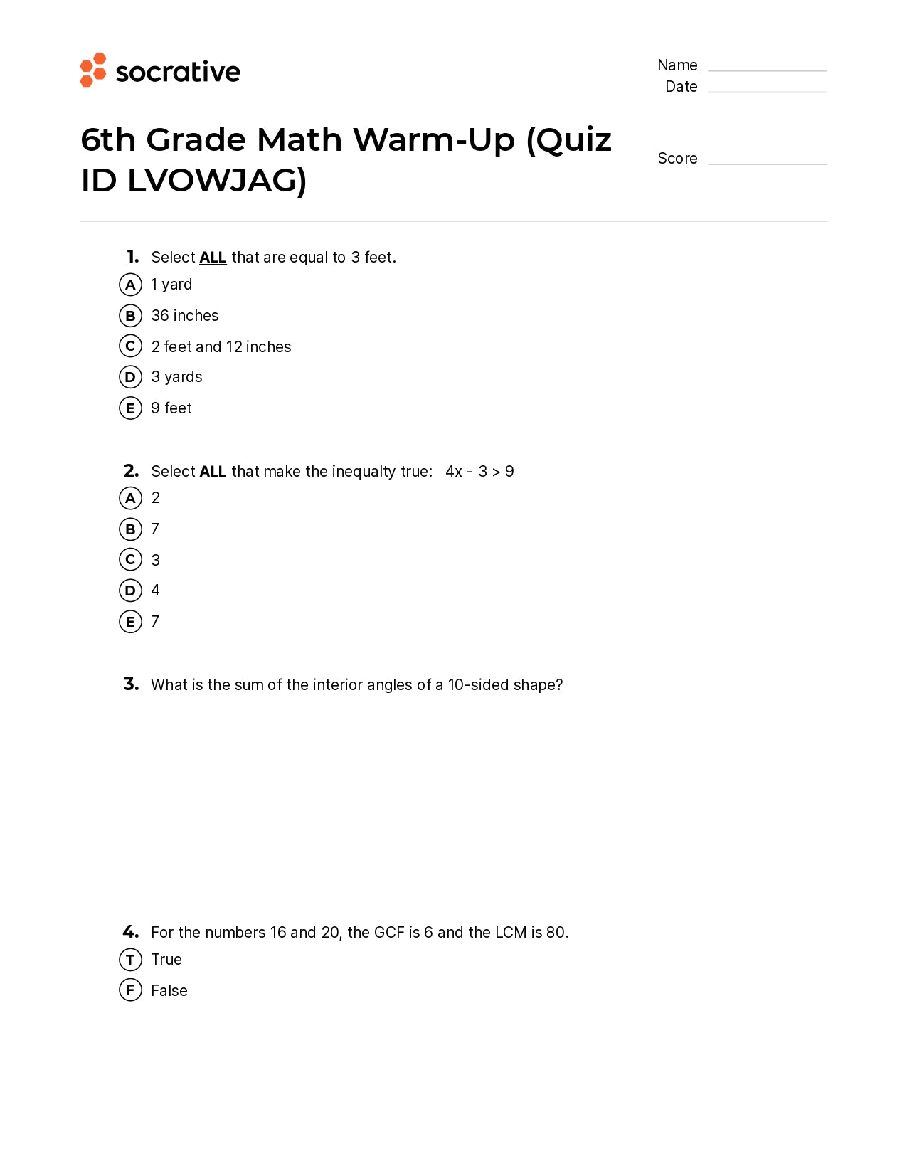 6Th Grade Math Warm-Up