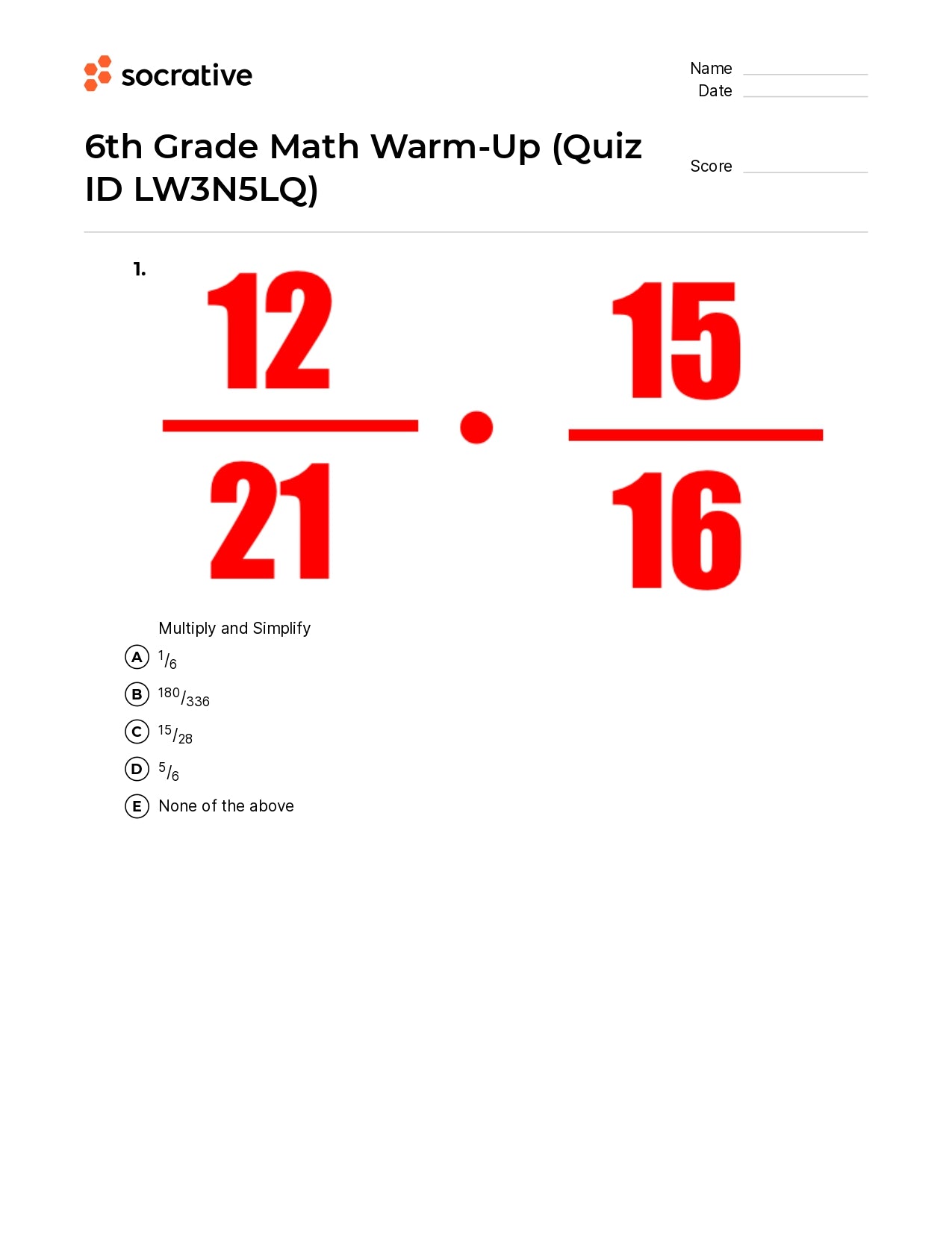 6Th Grade Math Warm-Up