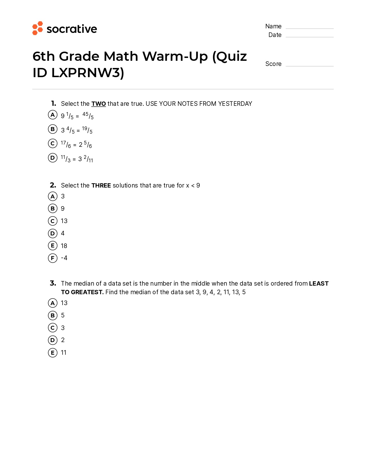 6Th Grade Math Warm-Up