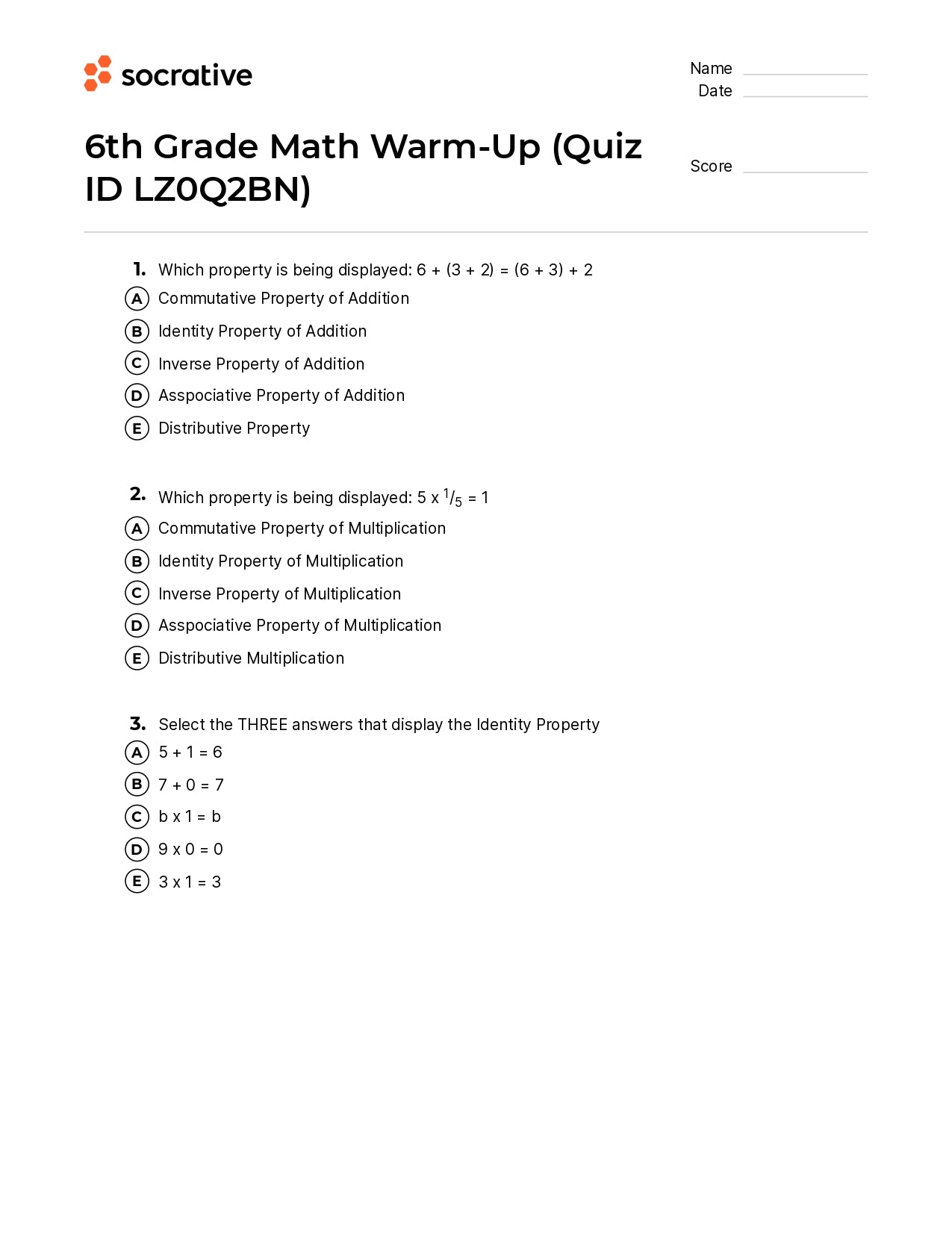 6Th Grade Math Warm-Up