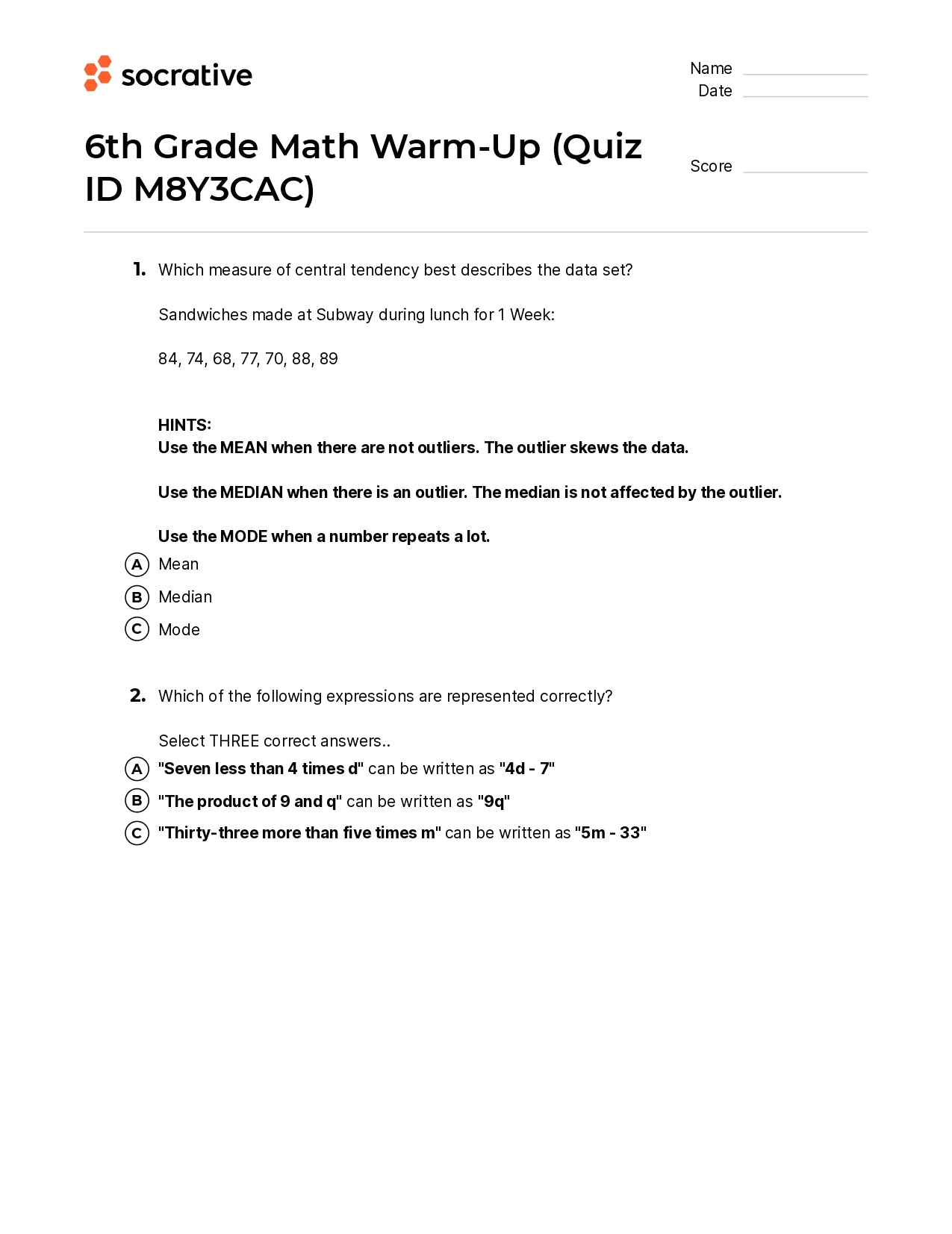 6Th Grade Math Warm-Up