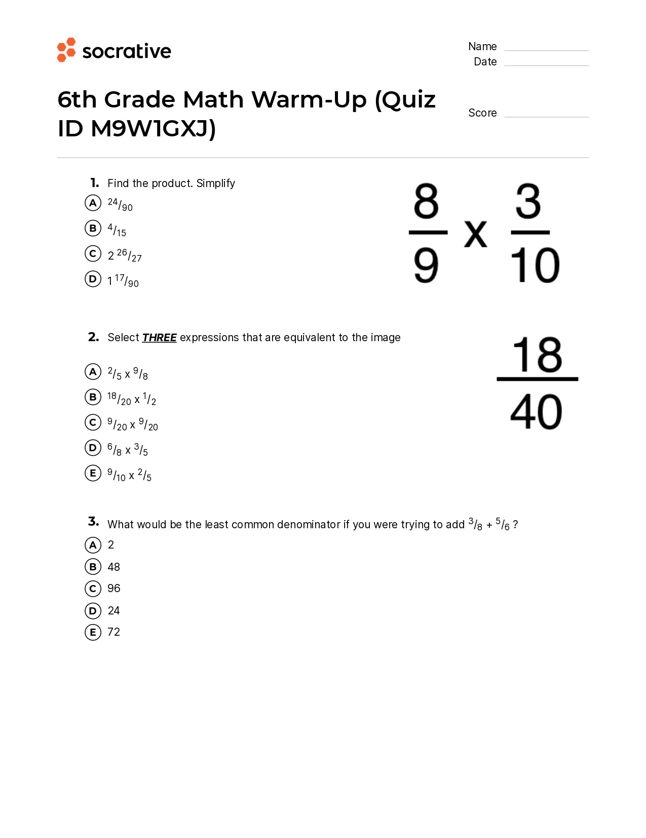 6Th Grade Math Warm-Up
