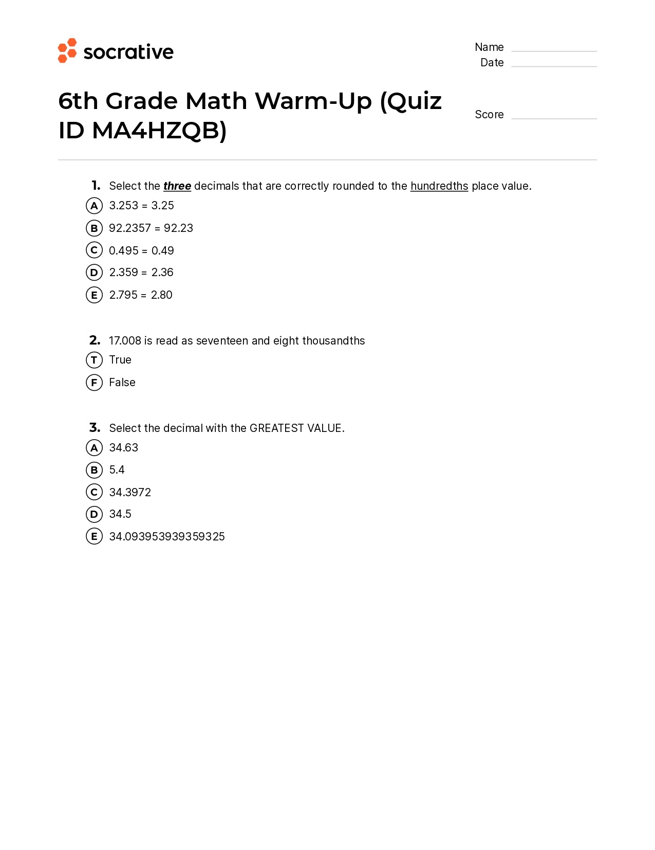 6Th Grade Math Warm-Up