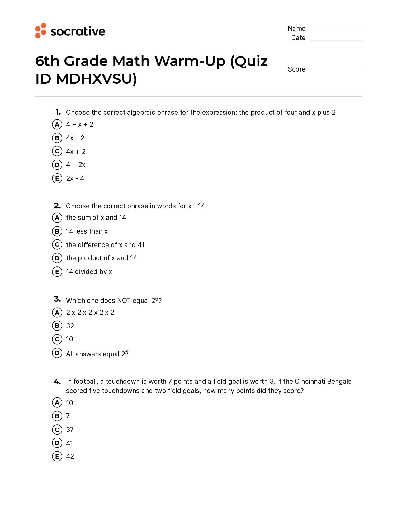 6Th Grade Math Warm-Up