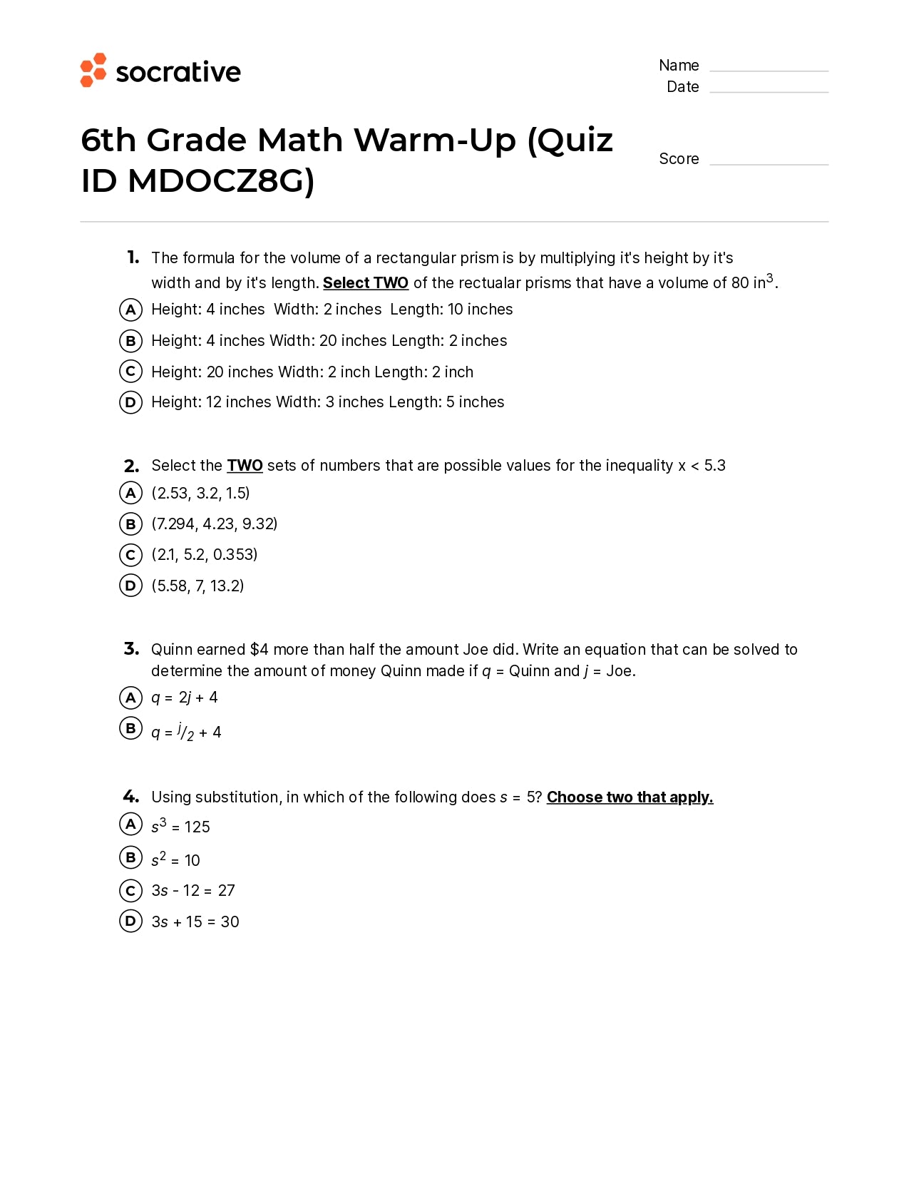 6Th Grade Math Warm-Up