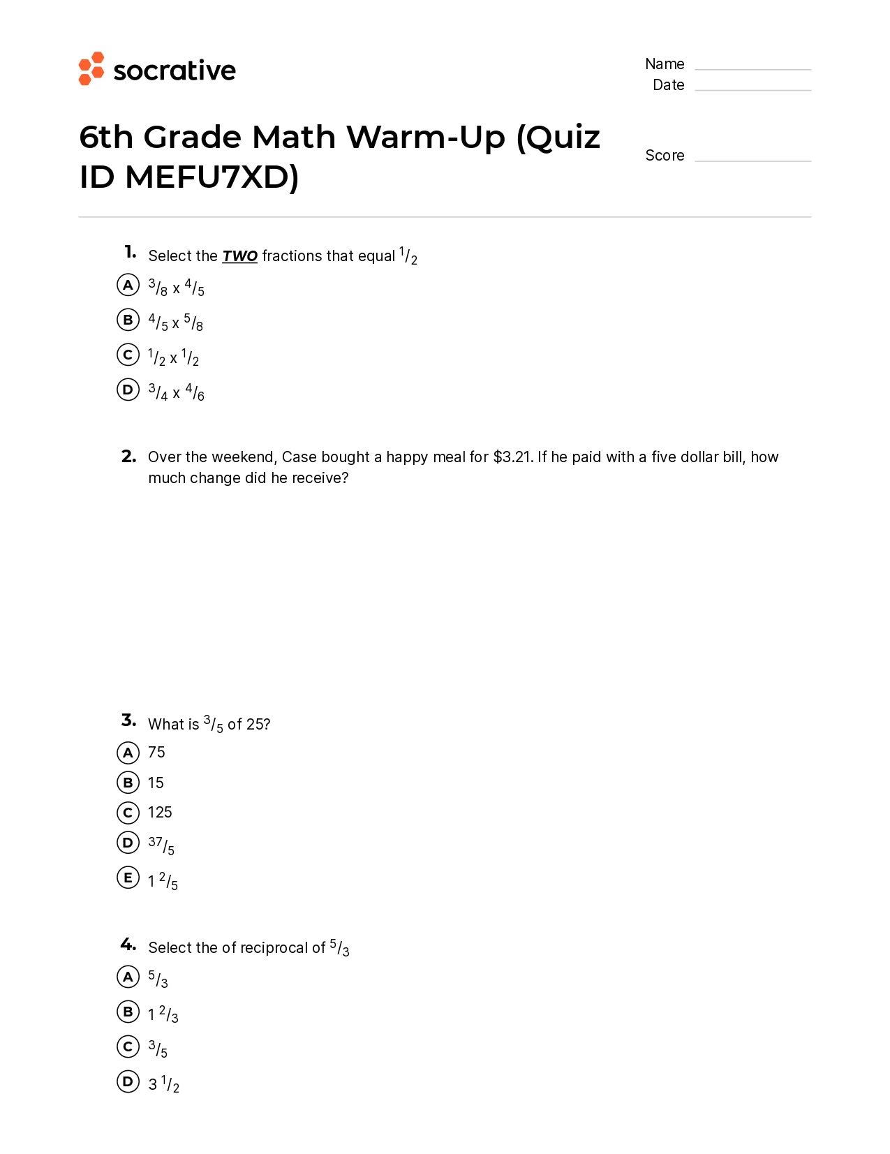 6Th Grade Math Warm-Up