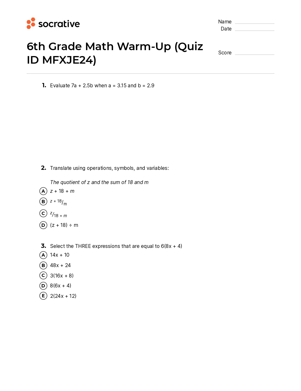 6Th Grade Math Warm-Up