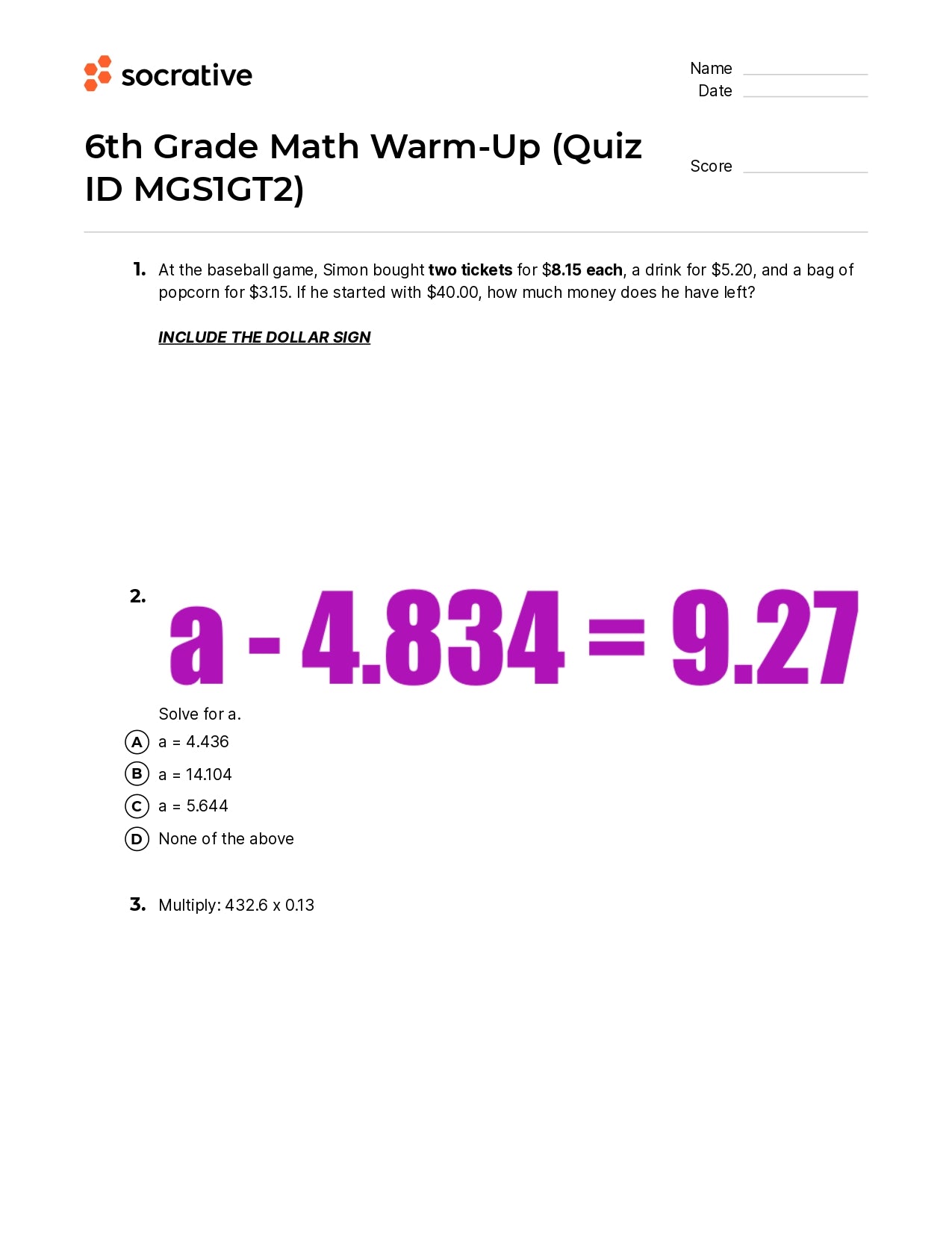 6Th Grade Math Warm-Up