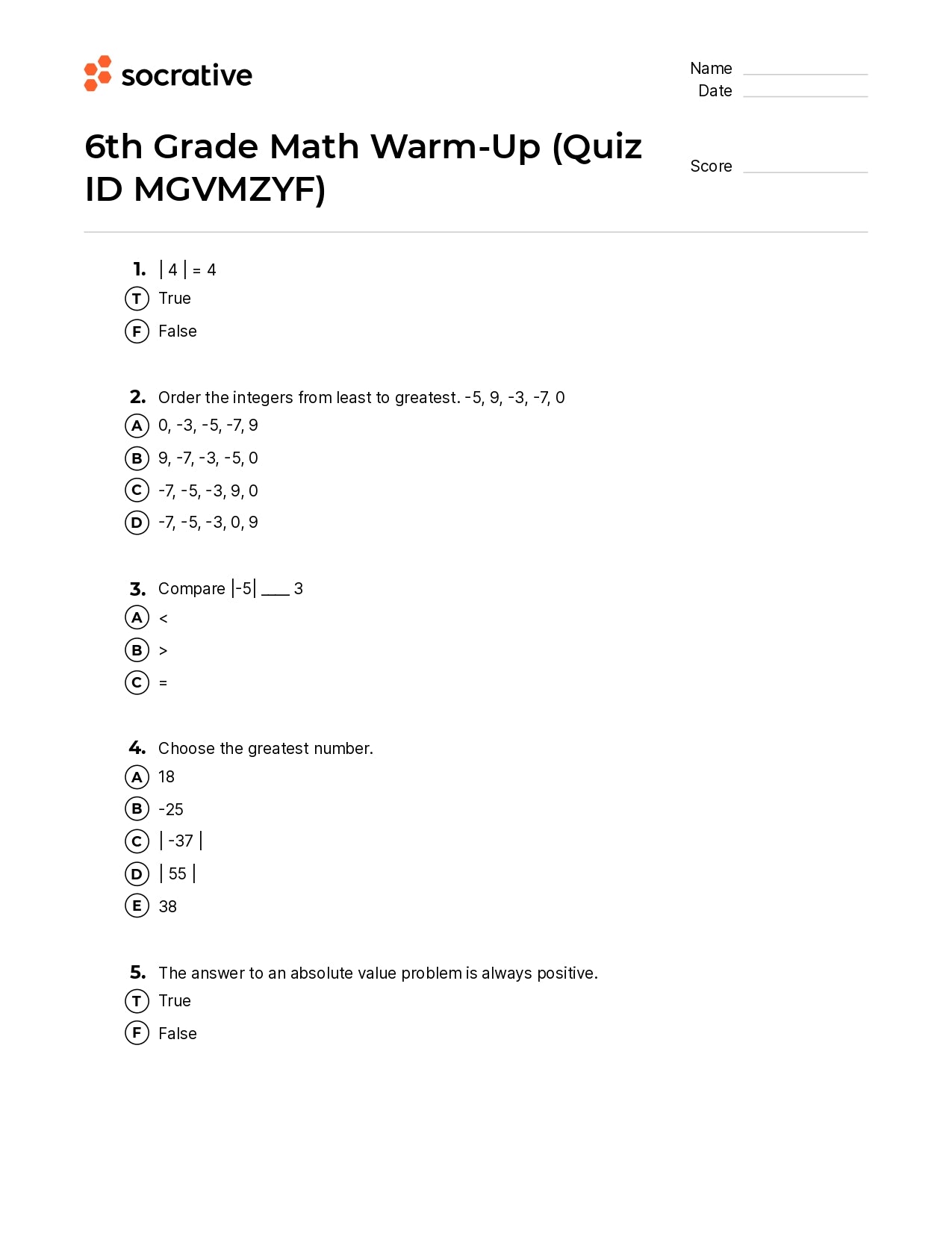 6Th Grade Math Warm-Up