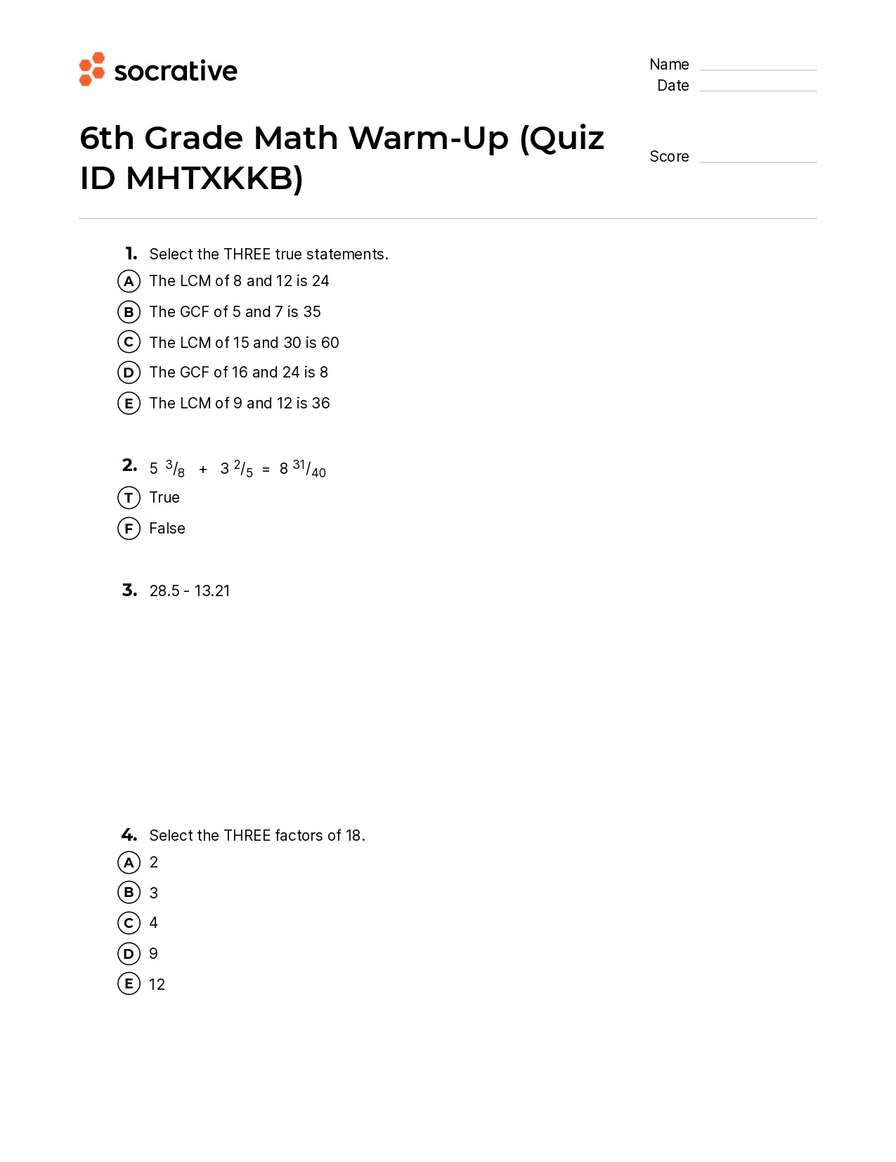 6Th Grade Math Warm-Up