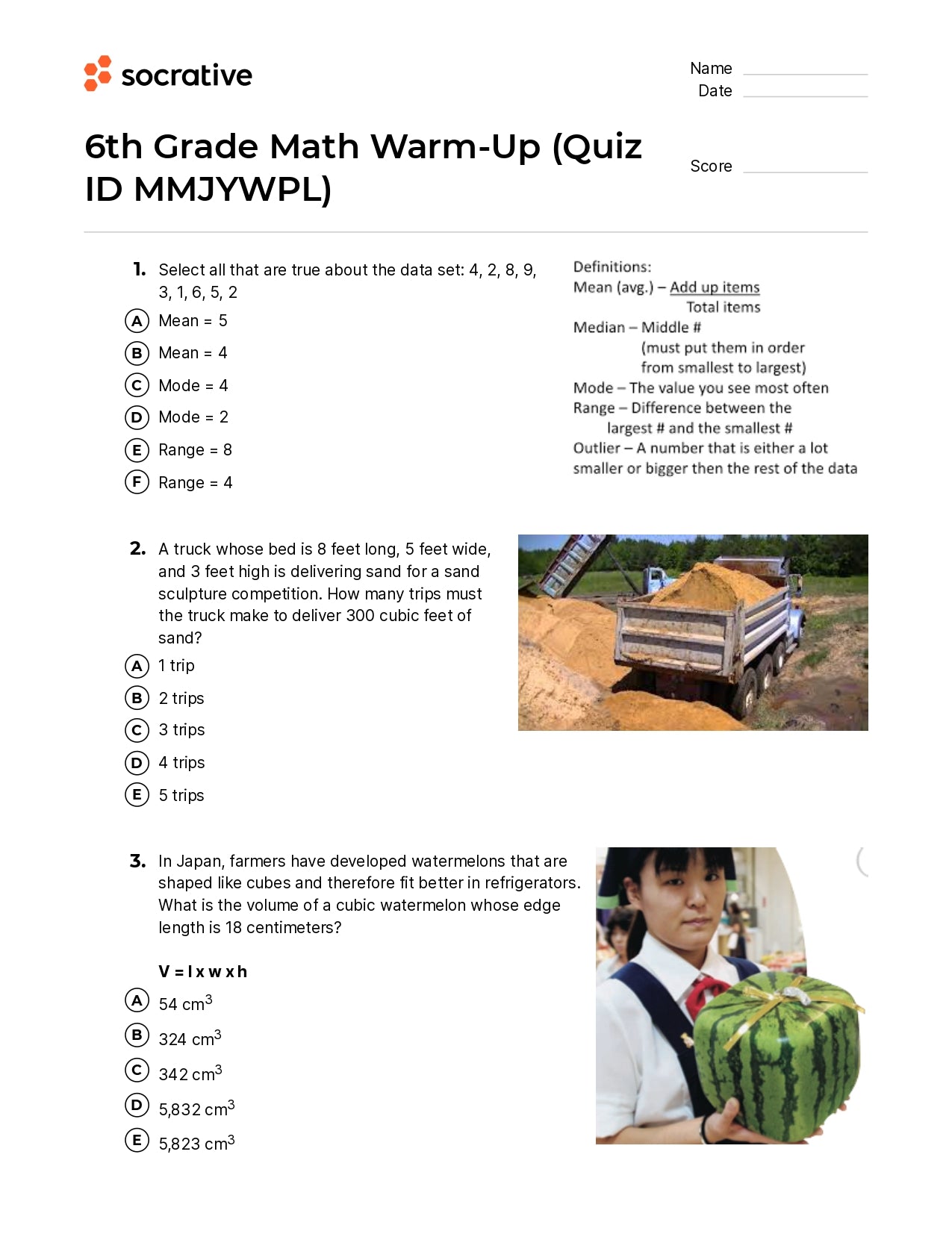 6Th Grade Math Warm-Up