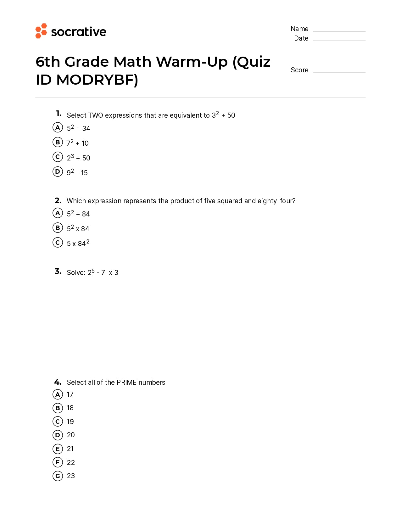 6Th Grade Math Warm-Up