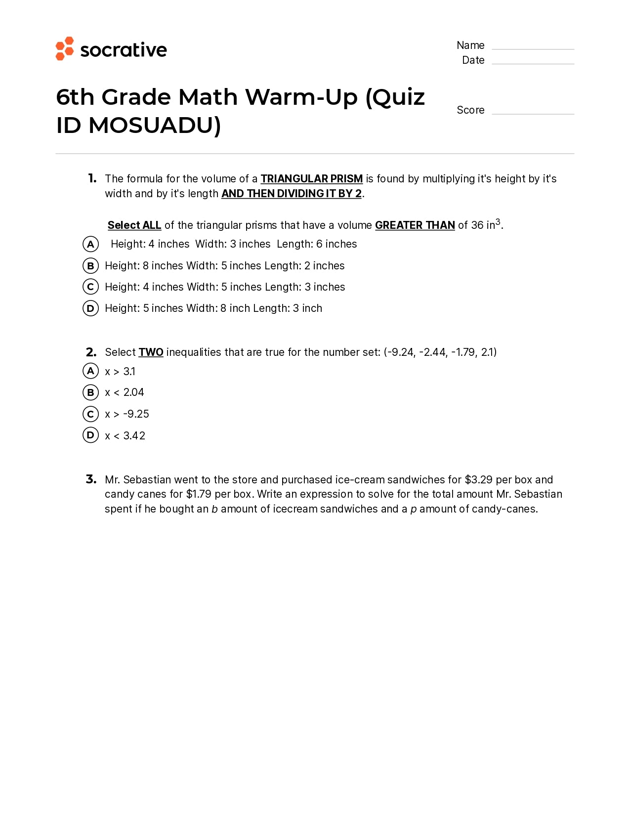 6Th Grade Math Warm-Up