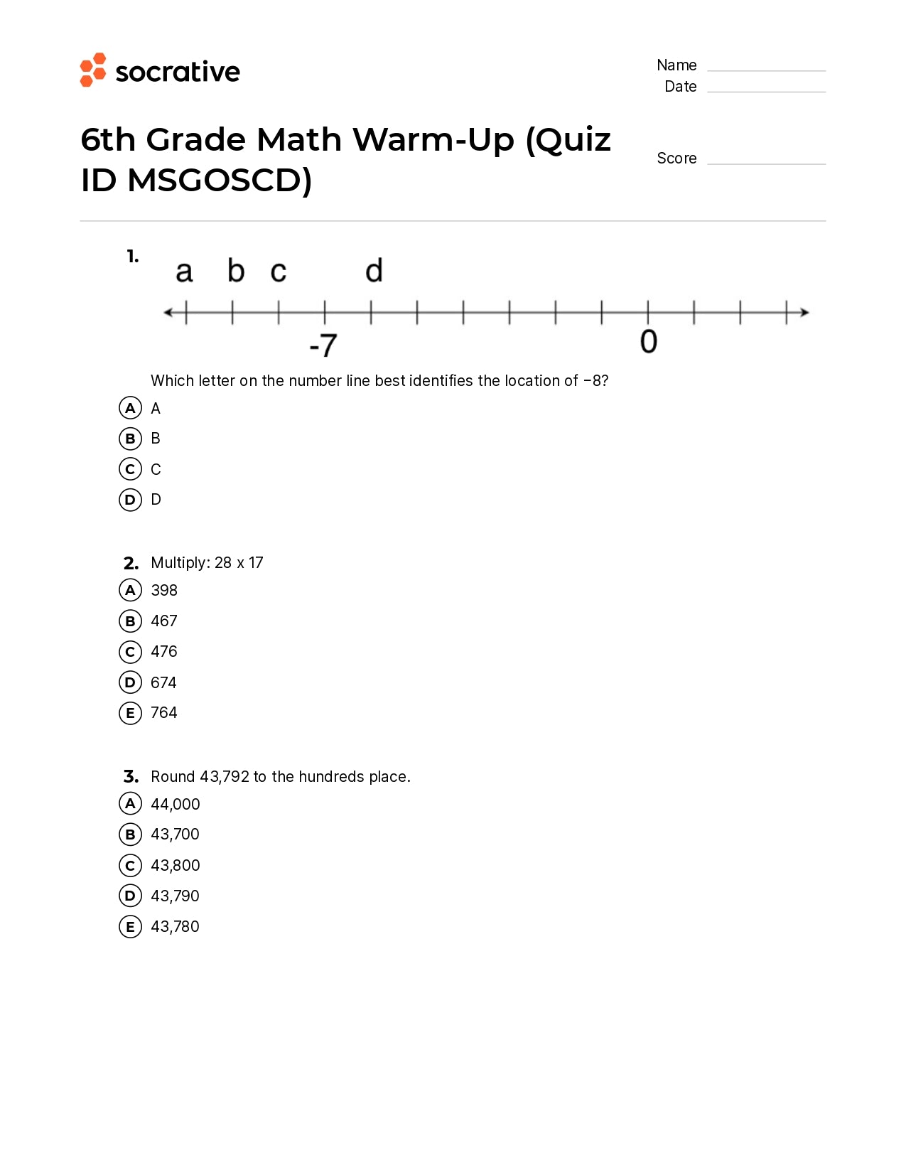 6Th Grade Math Warm-Up