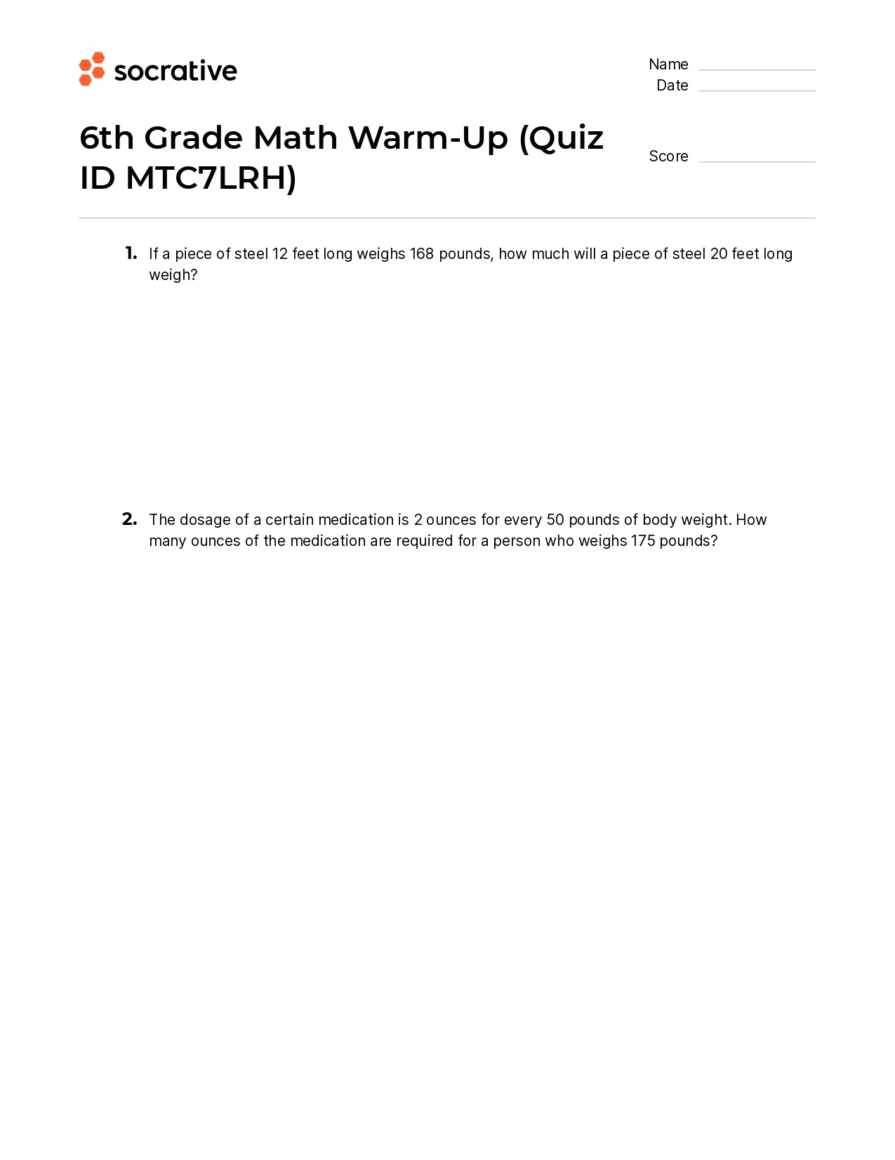 6Th Grade Math Warm-Up