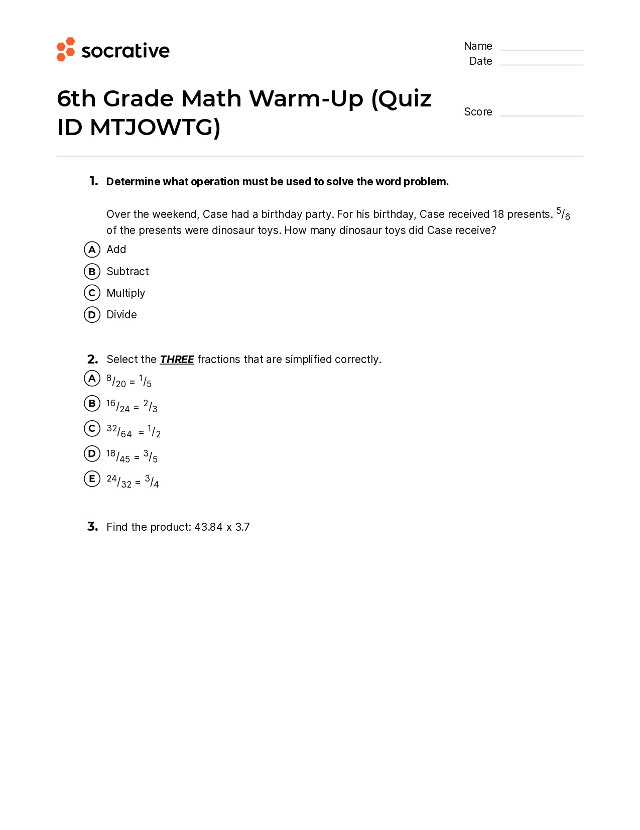 6Th Grade Math Warm-Up