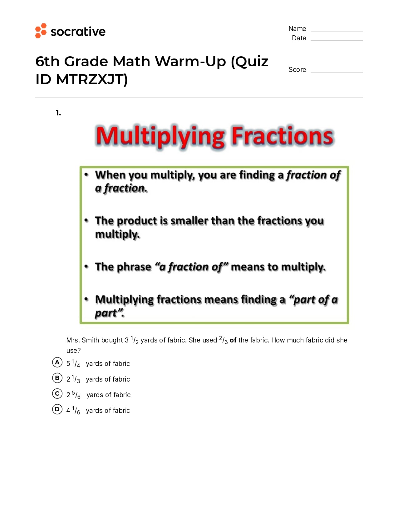 6Th Grade Math Warm-Up