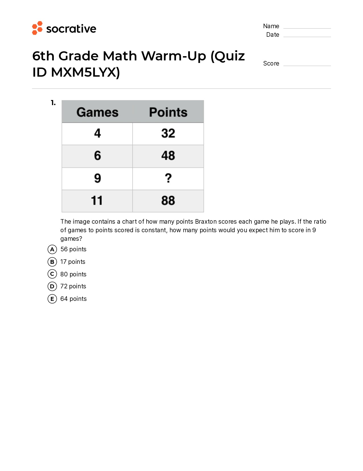 6Th Grade Math Warm-Up