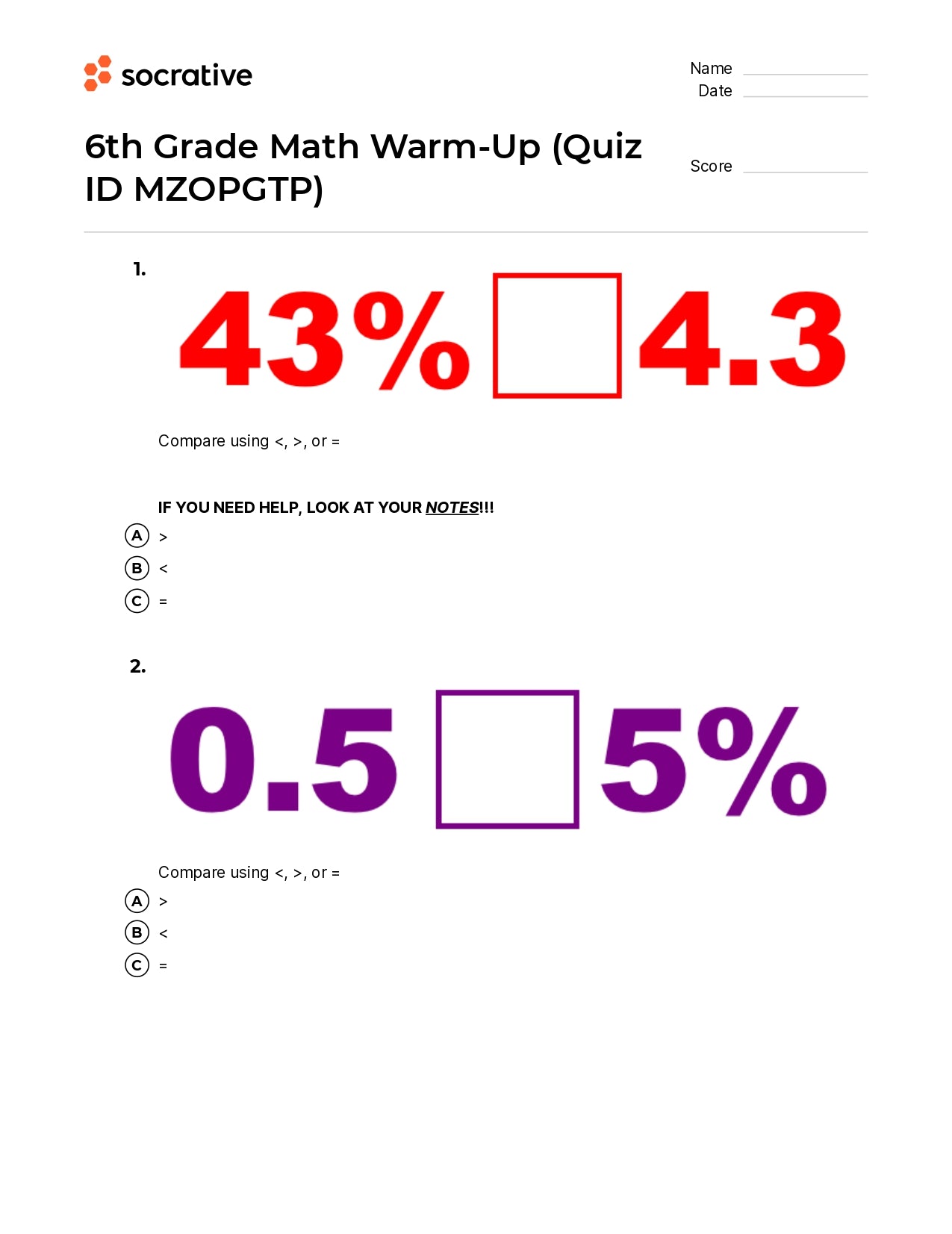 6Th Grade Math Warm-Up