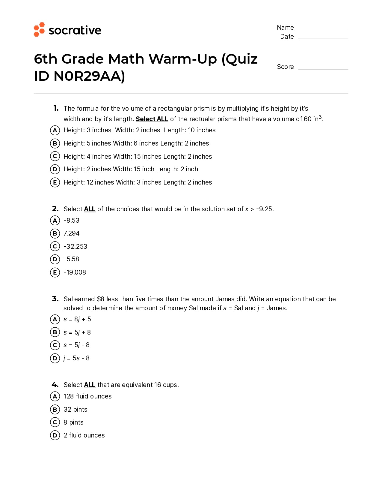 6Th Grade Math Warm-Up