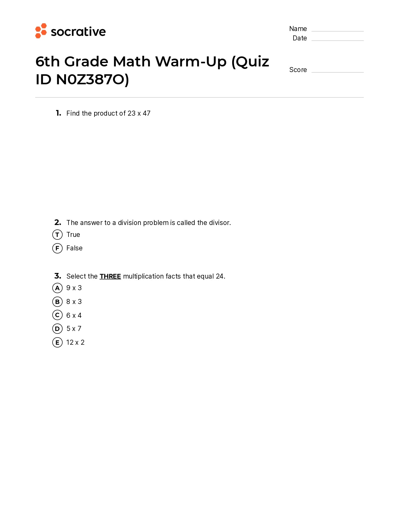 6Th Grade Math Warm-Up
