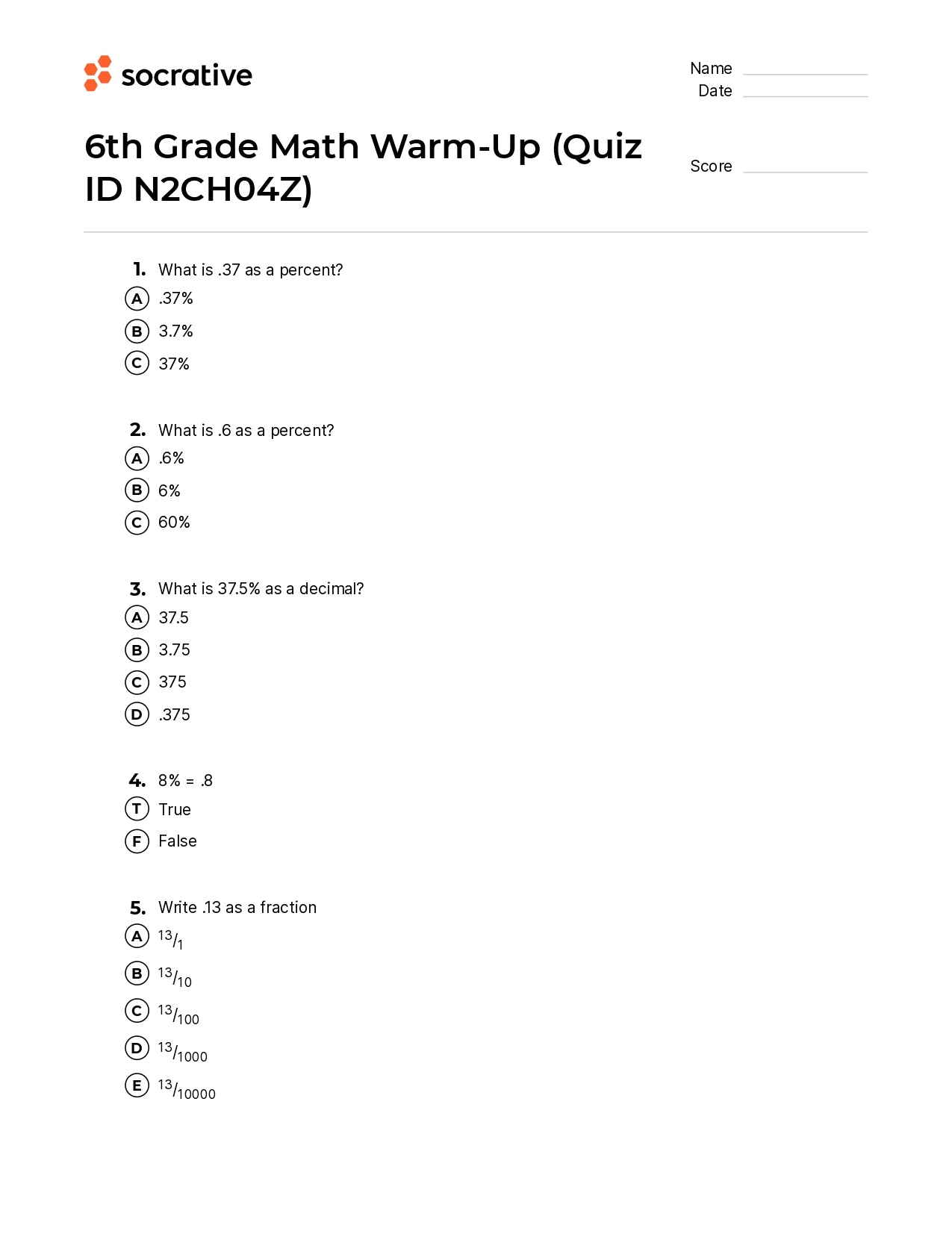 6Th Grade Math Warm-Up