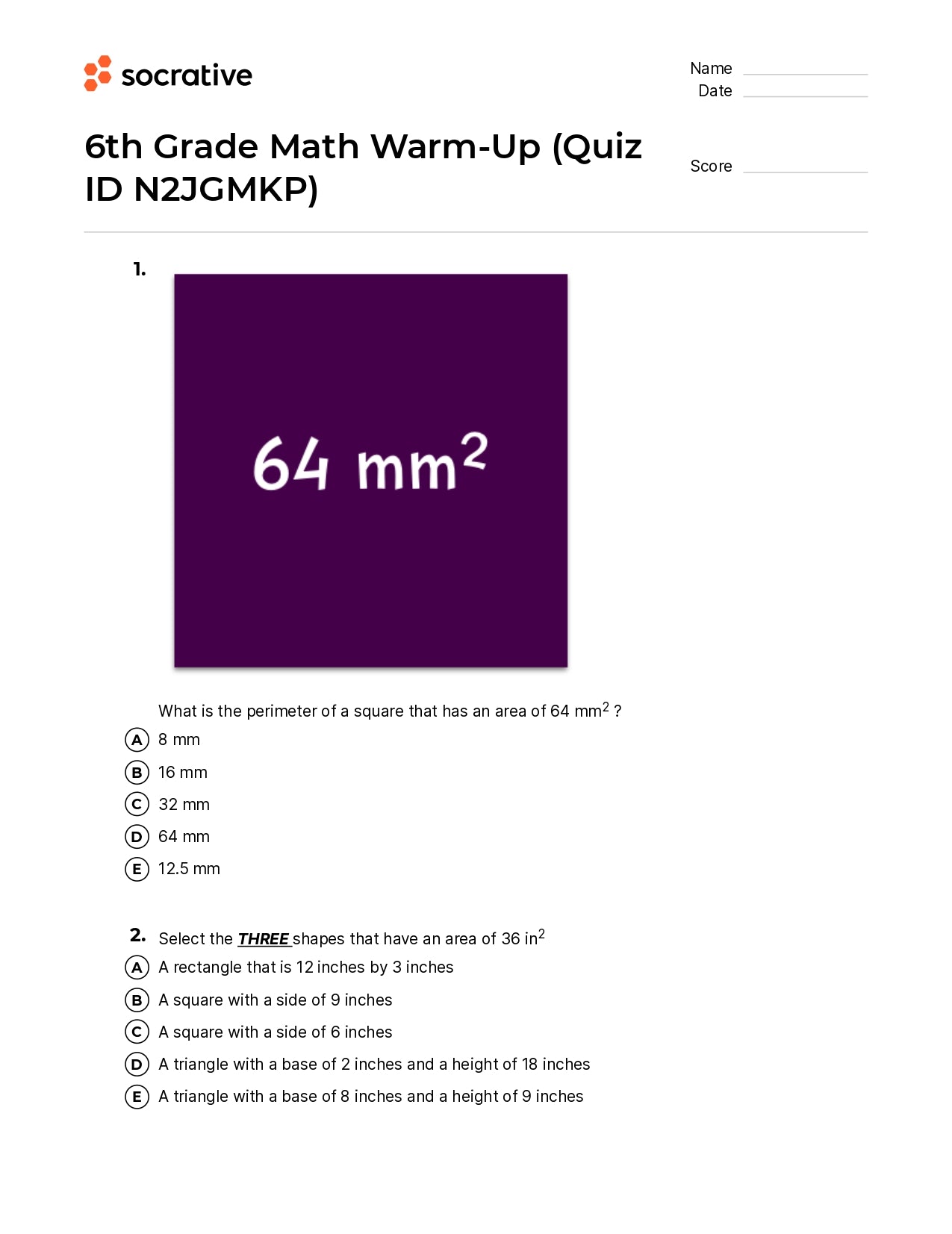 6Th Grade Math Warm-Up