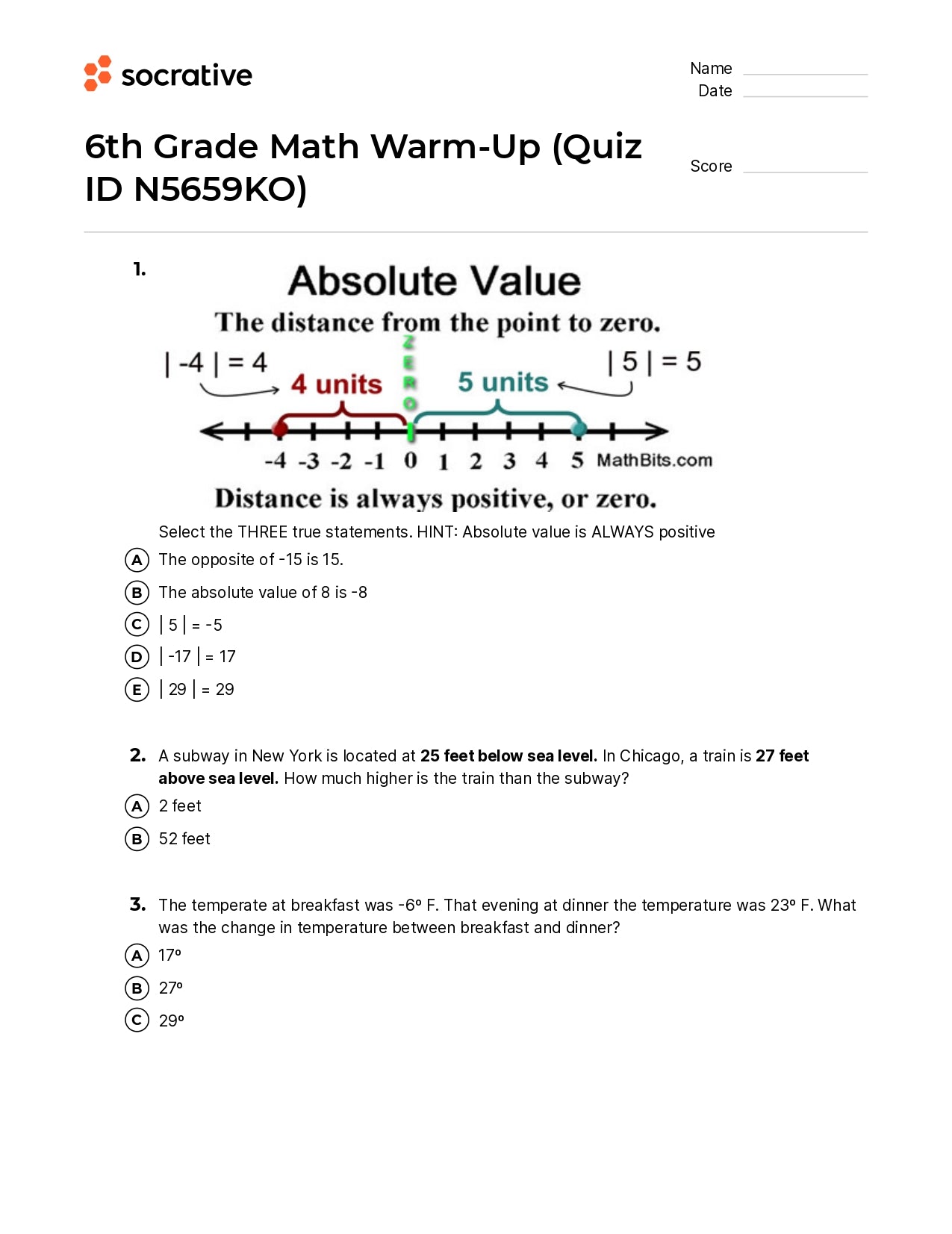 6Th Grade Math Warm-Up