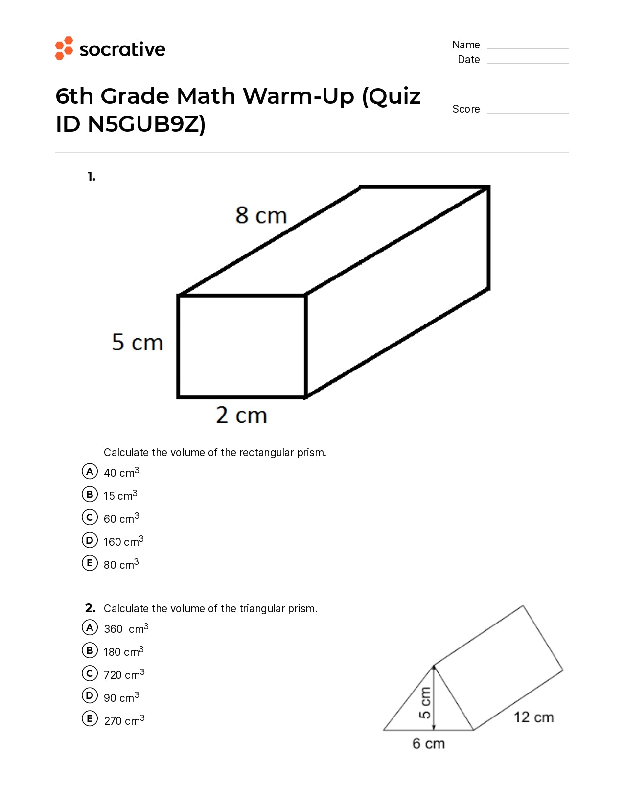 6Th Grade Math Warm-Up